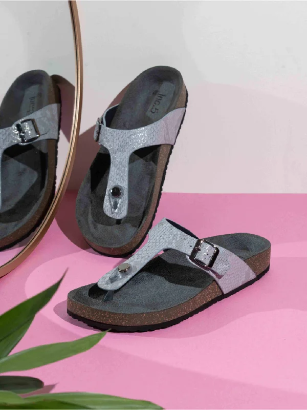 Fashionable sandals for men with flip-flop design and cushioned footbed-Womens Grey Ethnic Solid Round Toe Sandals