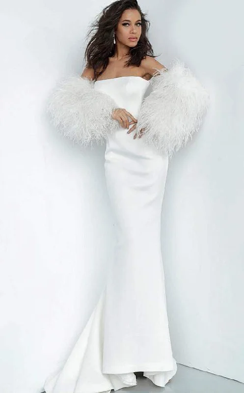 Plus size dresses with bold stripes add flair -Jovani - 1226 Strapless Trumpet Dress With Feathered Sleeves