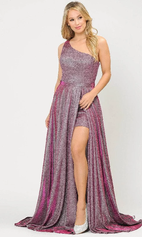 Plus size dresses for cold seasons warm up -Poly USA 8430 - Asymmetrical One-Shoulder Neckline Glittered Gown