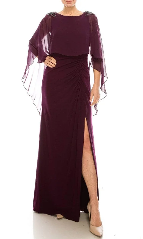 Plus size dresses for stylish looks stay cool -Adrianna Papell - AP1E206514 Ruched High Slit Sheer Cape Evening Dress