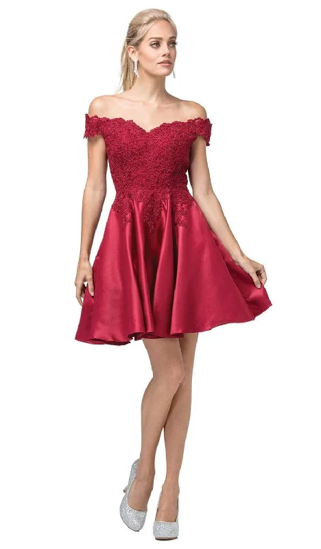 Plus size dresses for celebrations shine with style -Dancing Queen - 3213 Off Shoulder Lace and Satin Cocktail Dress