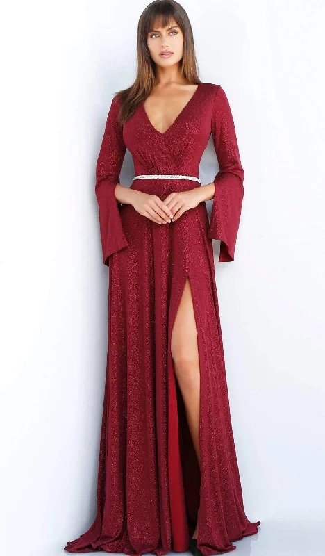 Plus size dresses featuring braided trims are artsy -Jovani - 63124 Split Long Sleeve Glitter High Slit Gown