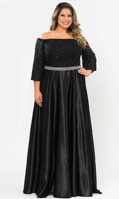 Plus size dresses for celebrations shine with style -Poly USA W1008 - Off-shoulder Straight Across Neckline Long Dress