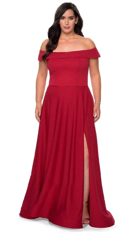 Flattering plus size dresses for curvy figures look stunning -La Femme - Foldover Off Shoulder Evening Gown 29007SC