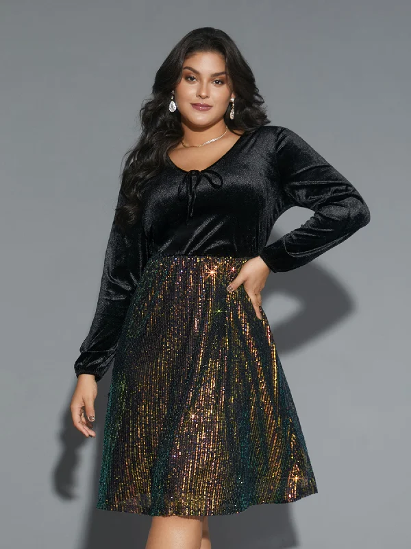 Plus size dresses with side ties cinch nicely -Velvet Sequin Patchwork Tie Knot Dress