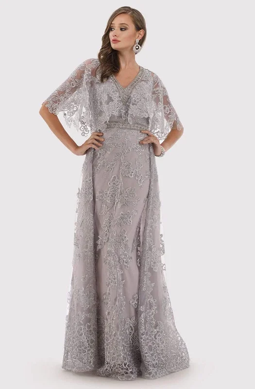 Plus size dresses for spring bloom with grace -Lara Dresses - 29799 Lace Appliqued Cape Sleeve Gown with Overskirt