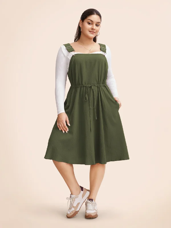 Plus size dresses with matte finishes stay subtle -Plain Drawstring Pocket Metal Detail Suspender Skirt