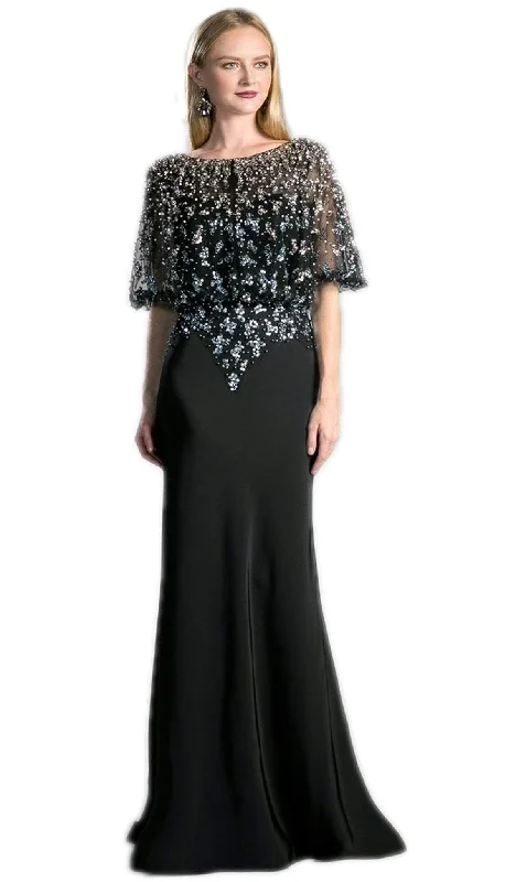 Plus size dresses featuring geometric prints are trendy -Cinderella Divine - Embellished Bateau Sheath Evening Dress