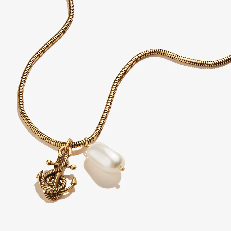 Necklaces and pendants with custom engravings for a personal, meaningful gift-Pearl + Anchor Pendant Snake Chain Necklace