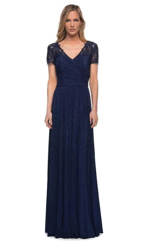 Plus size dresses for special occasions dazzle effortlessly -La Femme - V-Neck Ruched Evening Dress 29772SC