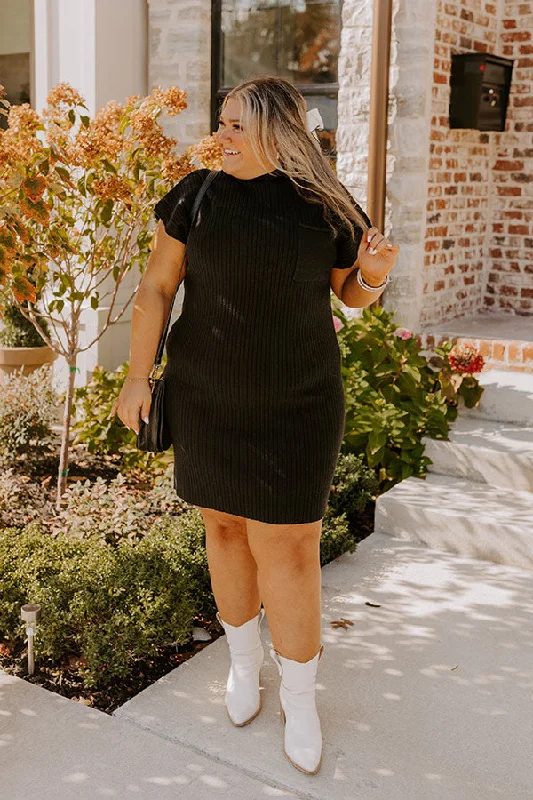 Plus size dresses featuring quilted textures add depth -Autumn Crisp Ribbed Sweater Dress in Black Curves