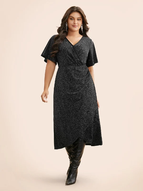 Plus size dresses for summer keep you cool -Luxe Overlap Collar Ruffle Sleeve Dress