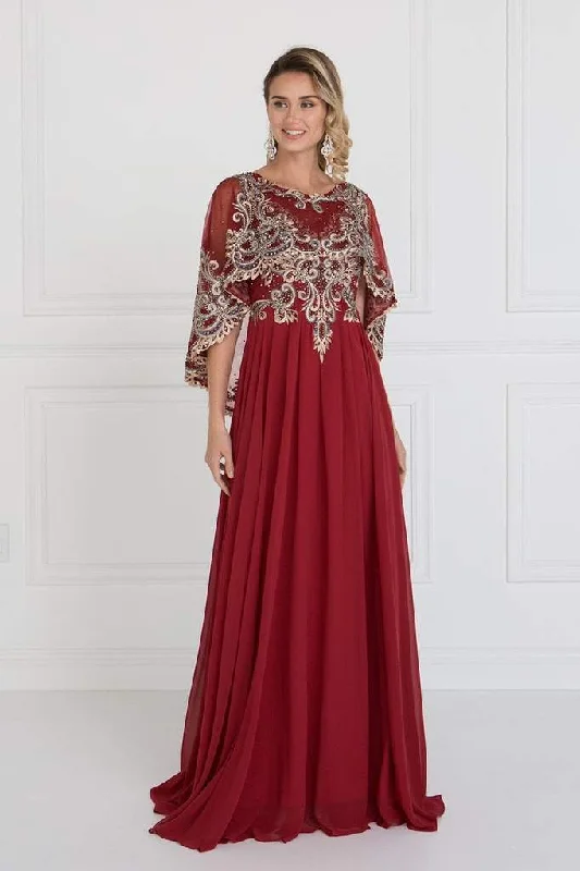 Plus size dresses featuring gemstone details shine subtle -Elizabeth K - Embroidered Cape Sleeves Chiffon A-Line Dress GL1527