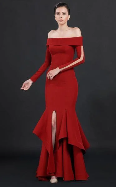 Plus size dresses with lightweight materials feel easy -MNM COUTURE - N0043 Ruffled Off Shoulder Trumpet Gown - 1 pc Red In Size 14 Available