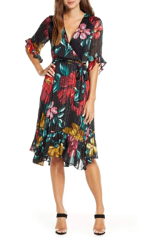 Plus size dresses featuring vibrant colors lift moods -Maison Tara - 91125M Tea Length Floral Metallic Wrap Style Dress