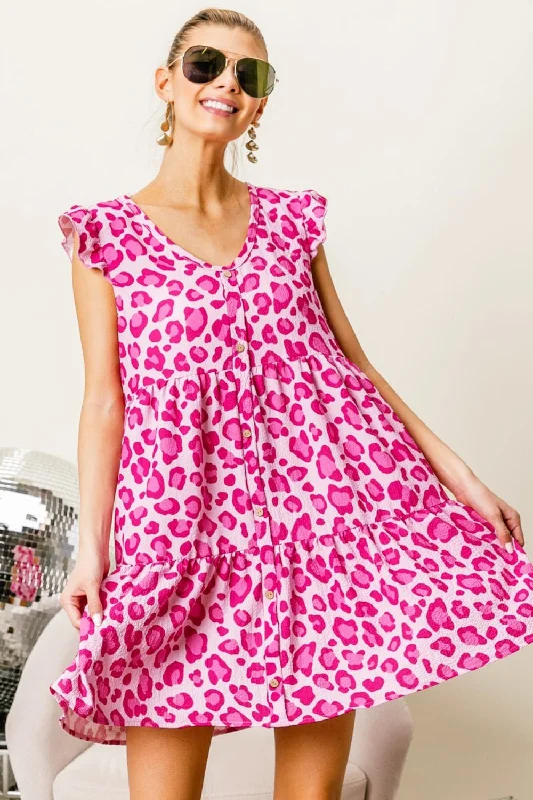 Plus size dresses with simple cuts stay timeless -BiBi Leopard Cap Sleeve Tiered Mini Dress