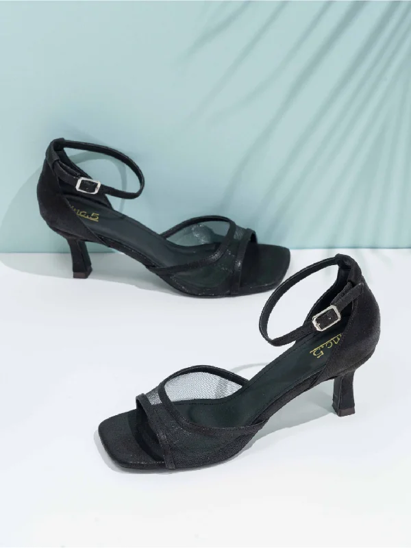 Stylish sandals for women with unique buckle details and flat design-Womens Black Party Wear Transparent Square Toe Kitten Heel Sandals