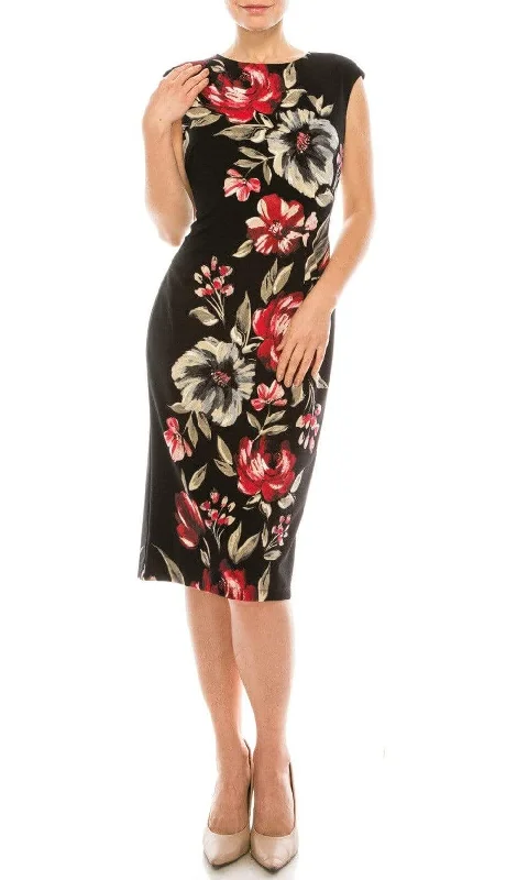 Plus size dresses with comfy fits ease days -London Times - T5088M Painted Floral Print Knee Length Sheath Dress