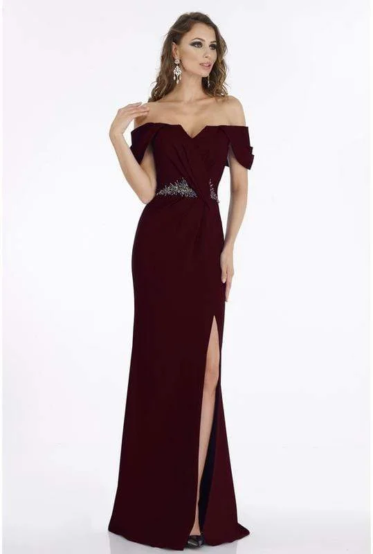 Plus size dresses with sleek necks stay elegant -Gia Franco - 12915 Off-Shoulder High Leg Slit Gown with Beaded Waist