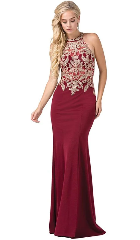 Plus size dresses with wide belts define waists -Dancing Queen - 2555 Embroidered Halter Long Trumpet Gown