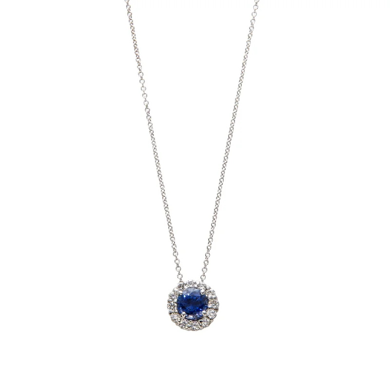 Necklaces and pendants with geometric pendants for a clean, contemporary design-1ctw Sapphire & Diamond Halo 18K White Gold Pendant Necklace