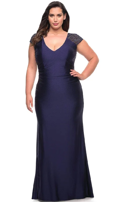 Plus size dresses with cap sleeves feel dainty -La Femme 29481 - Rhinestone Sleeve Column Dress