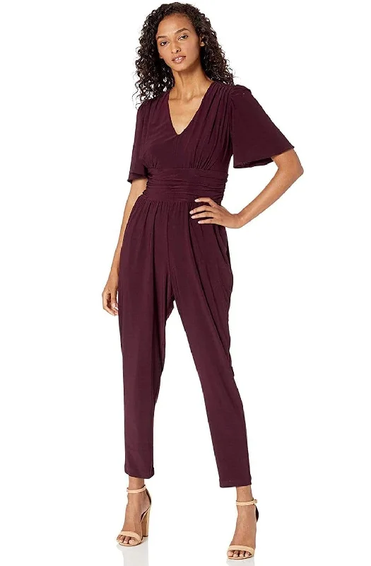 Plus size dresses with soft cotton feel comfy -Taylor - 1564M Short Sleeve Ruched Tapering Jumpsuit