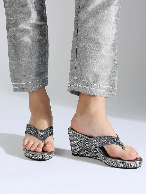 Comfortable sandals for men with cushioned footbed and water-friendly design-Women Gun Metal Embellished Ethnic Wedge Sandals