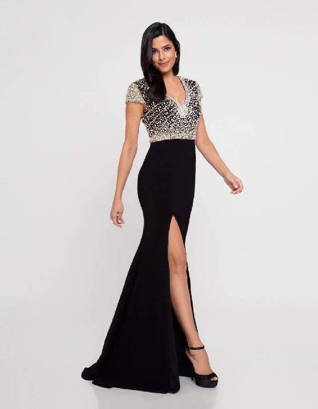 Plus size dresses featuring glitter accents sparkle bold -Terani Couture - 1812M6655 Cap Sleeve Crystal Ornate High Slit Gown