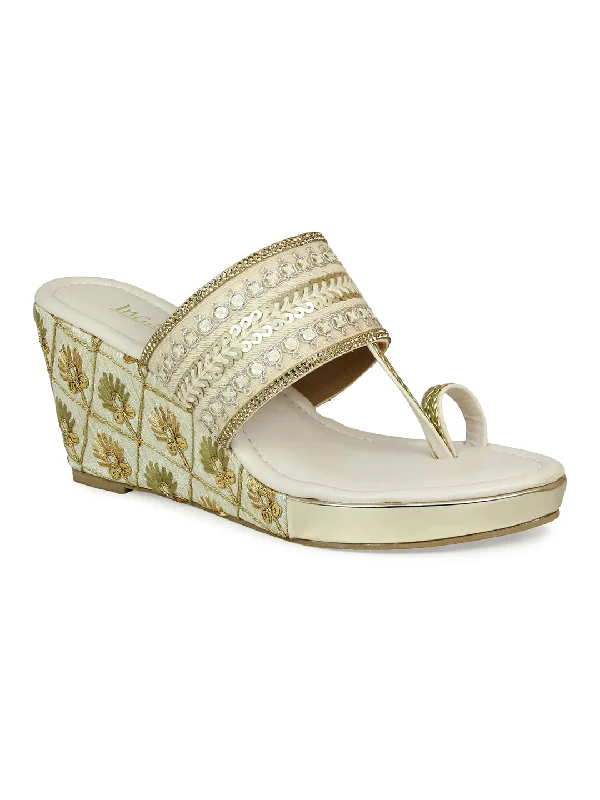 Trendy sandals for women with buckle closure and vibrant color options-Women Beige Embellished Ethnic Wedge Sandals