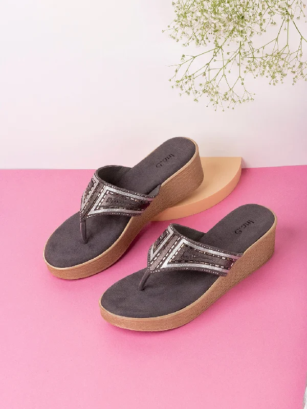 Trendy sandals for men with breathable fabric and adjustable straps for summer wear-Womens Pewter Embellished Open Toe Casual Wedge Heel Sandals