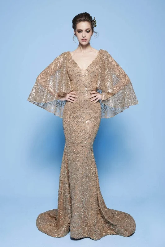 Plus size dresses featuring quilted textures add depth -MNM Couture - N0245 Sequin Embellished Mermaid Gown with Cape Sleeves