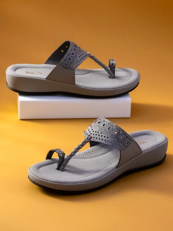 Trendy sandals for men with sporty look and mesh lining for breathability-Women Grey One Toe Comfort Sandals with Laser Cuts