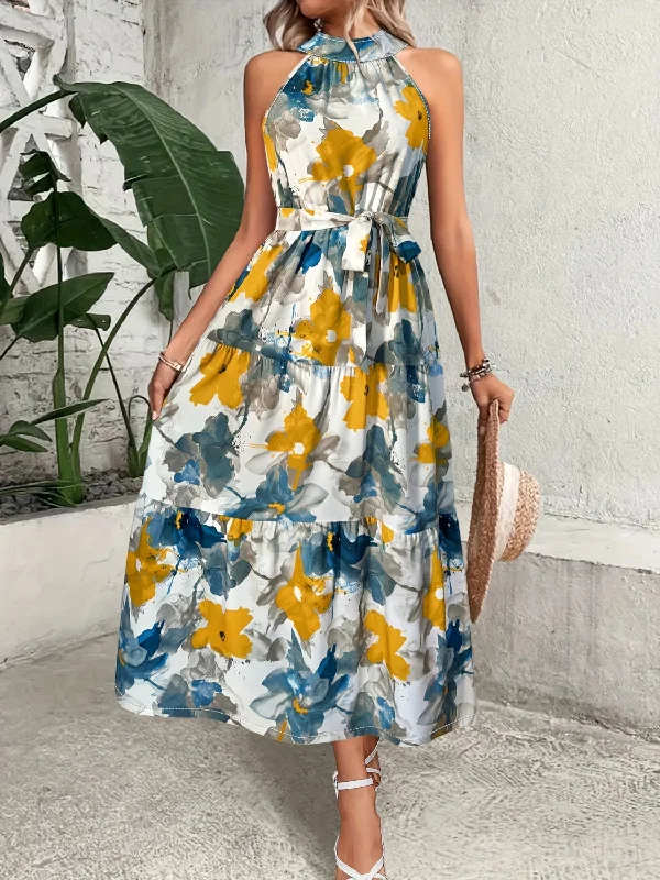 Plus size dresses featuring laser-cut details are unique -Tiered Printed Mock Neck Sleeveless Dress