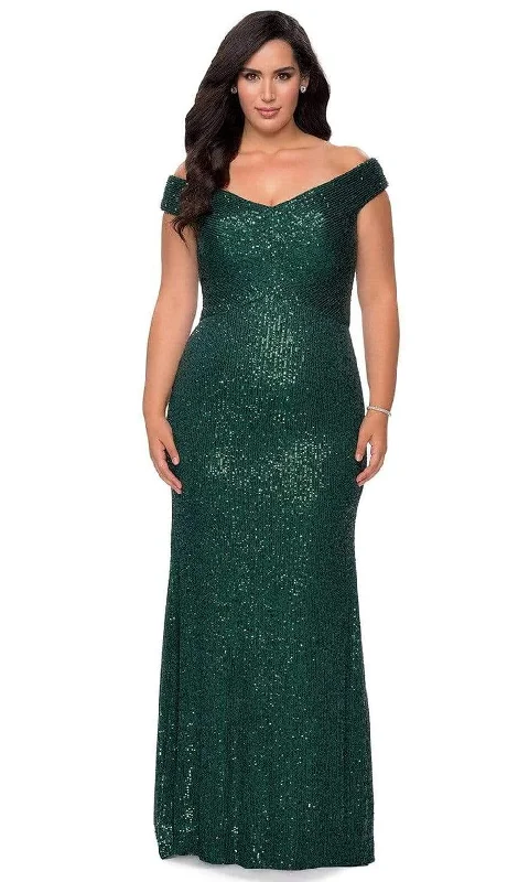 Plus size dresses featuring velvet textures feel plush -La Femme - 28795 Sequined Off-Shoulder Modest Prom Sheath Dress