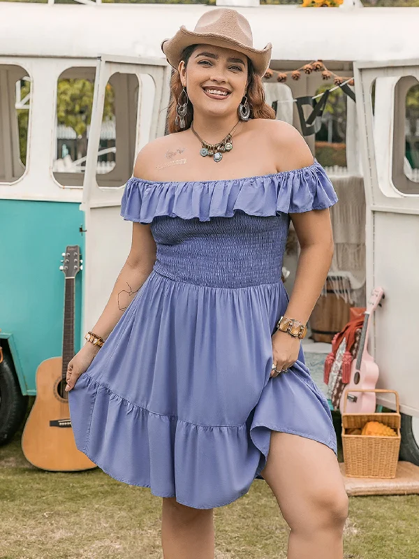 Plus size dresses with unique necklines add flair -Plus Size Ruffled Smocked Off-Shoulder Mini Dress