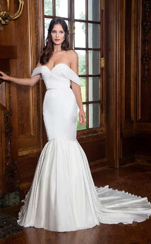 Plus size dresses with stretch panels move freely -Rachel Allan Bridal - M605 Off-Shoulder Mermaid Dress With  Train