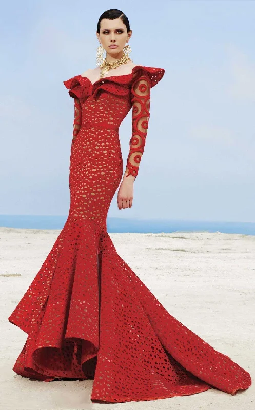 Plus size dresses for celebrations shine with style -MNM Couture - 2345 Ruffle Off-Shoulder Laser Cut Mermaid Gown