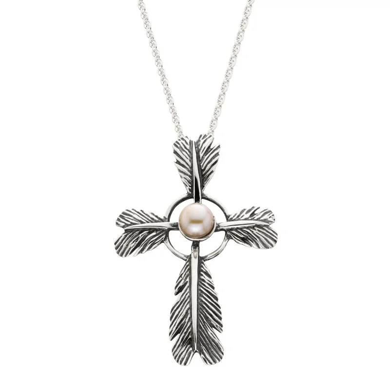 Stylish necklaces and pendants with diamonds for a glamorous and elegant look-Grainger McKoy Wide Feather Cross Pearl Pendant Necklace