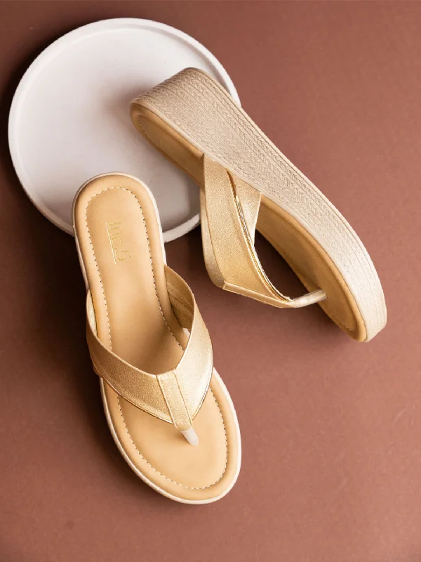 Casual sandals for men with open-toe design and soft leather upper-Womens Gold Party Wear V Strap Wedge Sandals