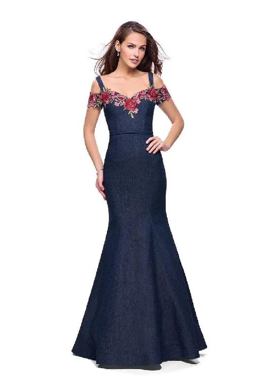 Plus size dresses with playful details add charm -La Femme - 25753 Cold Shoulder Floral Denim Trumpet Gown