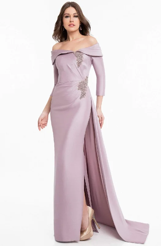 Plus size dresses featuring lace sleeves feel luxe -Terani Couture - 1821M7550 Folded Off Shoulder Quarter Sleeve Gown