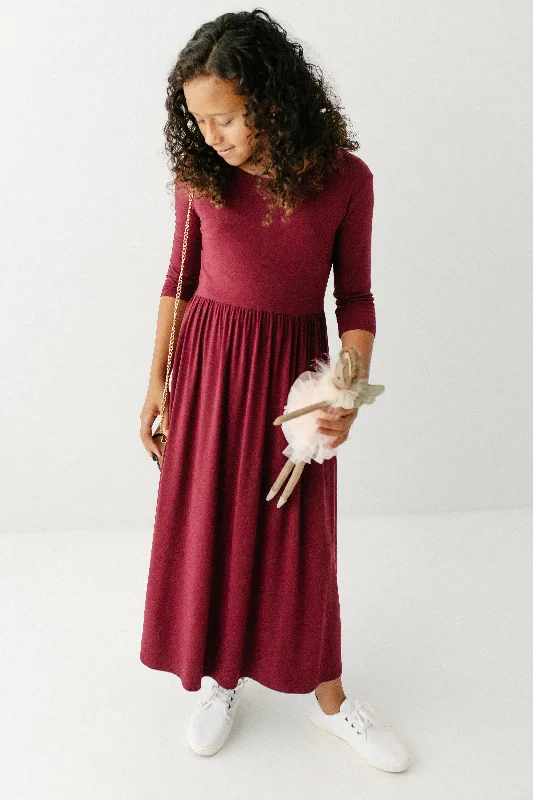 Plus size dresses featuring beaded hems are ornate -'Abigail' Girl Bamboo Blend Maxi Dress in Burgundy FINAL SALE