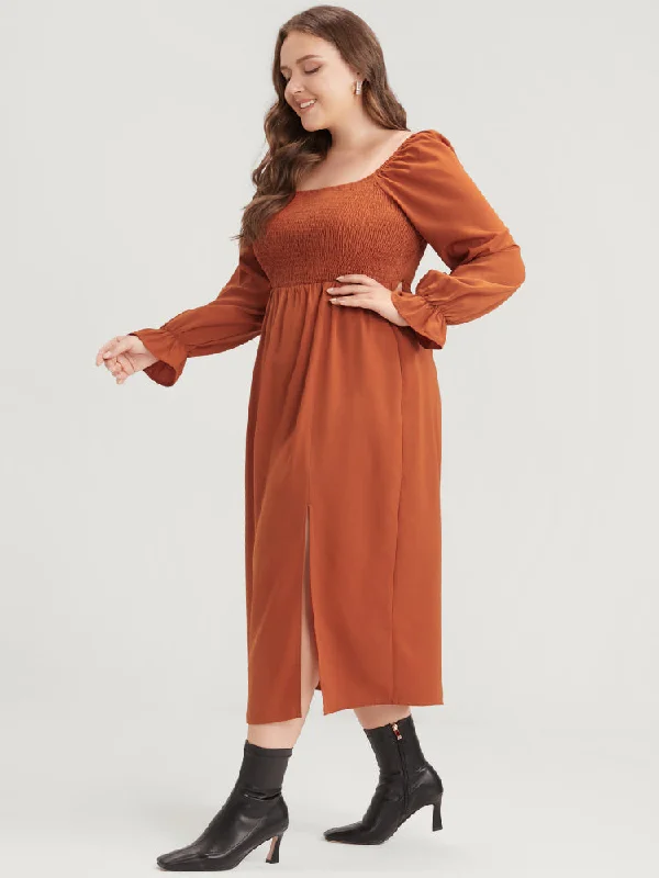 Plus size dresses featuring sequined tops glitter bright -Solid Shirred Square Neck Lantern Sleeve Split Hem Dress