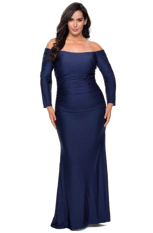 Plus size dresses with bright hues feel lively -La Femme - Long Sleeve Ruched Evening Dress 28881SC