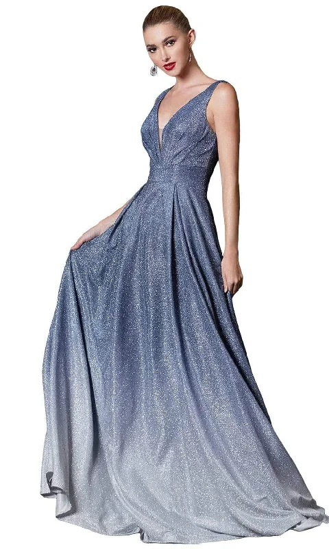 Plus size dresses for summer nights shimmer lightly -Cinderella Divine - 9174 Metallic Plunging V-Neck A-Line Dress