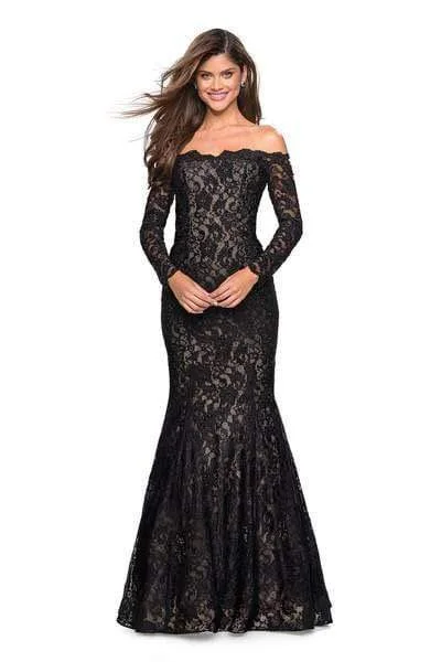 Plus size dresses featuring ombre effects look artsy -La Femme - 26393 Long Sleeve Off Shoulder Lace Trumpet Gown