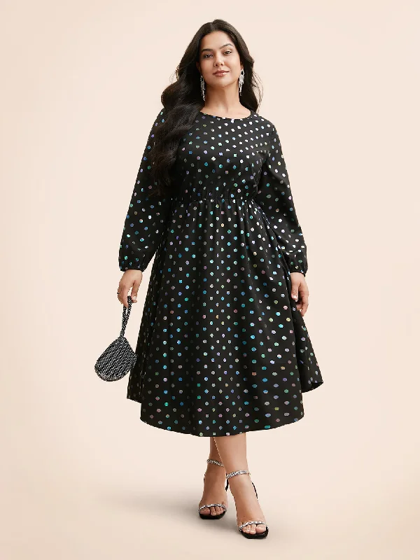 Plus size dresses featuring geometric prints are trendy -Glitter Polka Dot Lantern Sleeve Dress