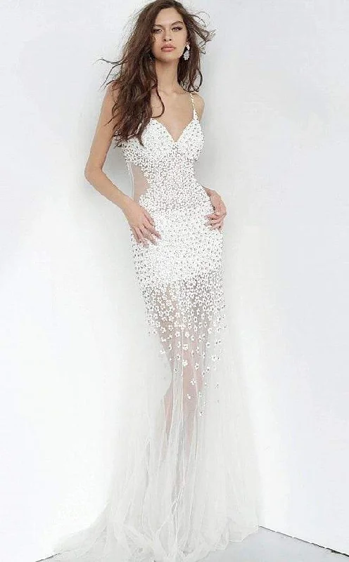 Plus size dresses with sturdy zippers stay secure -Jovani - 60695 Beaded Plunging V-neck Tulle Trumpet Dress