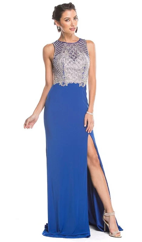 Plus size dresses featuring boho vibes are chic -Aspeed Design - Embellished Jewel Neckline Sheath Evening Dress